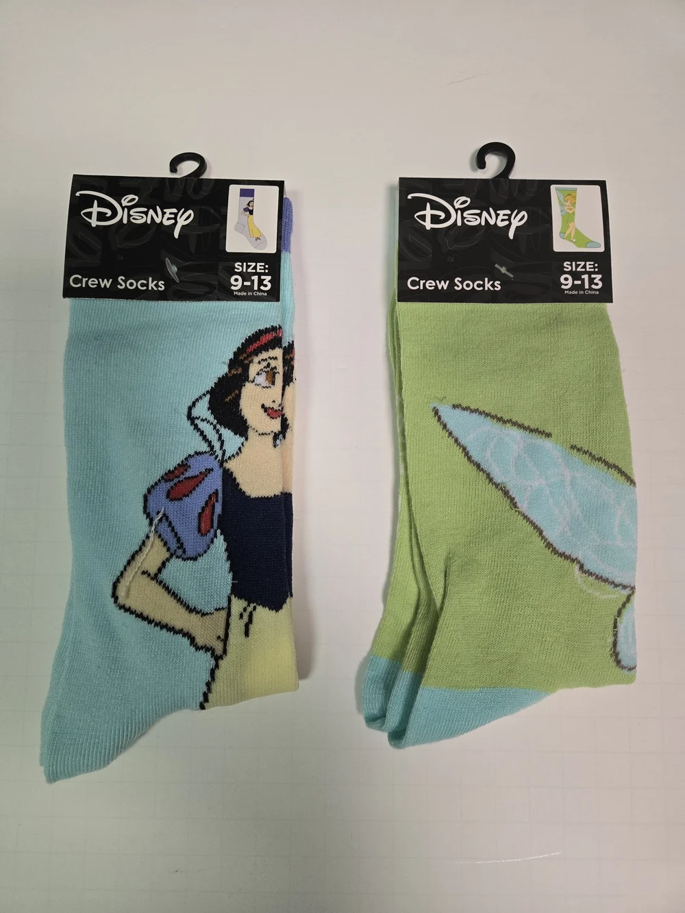 2 PAIR Disney Crew Socks - Snow White & Tinker Bell, Aqua/Light Green